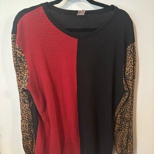 Red and Black Leopard Sleeve Women's Blouse